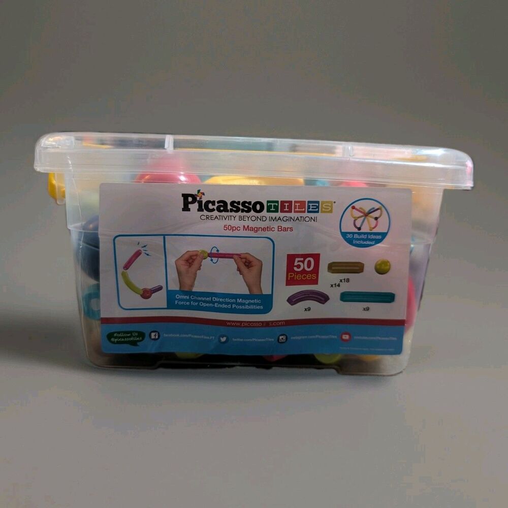 PicassoTiles 50pc Magnetic Stick Bar Building Set PTX50 - Used 49/50 Pcs W/ Bin